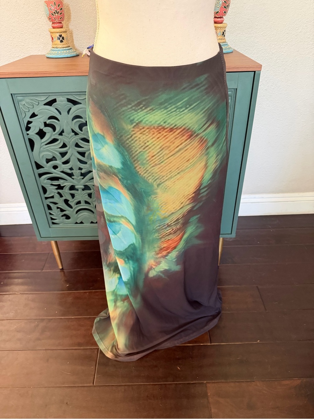 Maxi Skirt with Abstract Peacock Feather Print - Teal & Orange